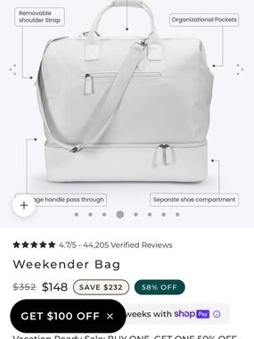 Women’s Ivory Nobl brand Weekender Bag with Shoe Compartment